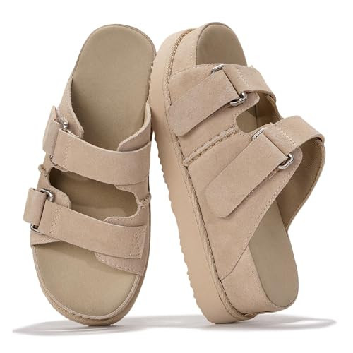 Project Cloud 100% Genuine Leather Sandals For Women - Platform Sandals Women Memory Foam Insole with Adjustable Straps - Non Slip Sandals Women's Slides 2026 (Silverstar, WHEASUEDE, 11) | Amazon (US)