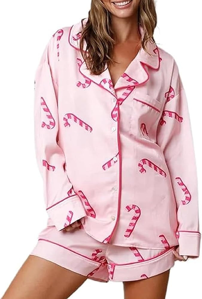 Women Christmas Pajamas Shorts Set Santa Claus Pjs Long Sleeve Button Down Shirt Elastic Shorts S... | Amazon (US)