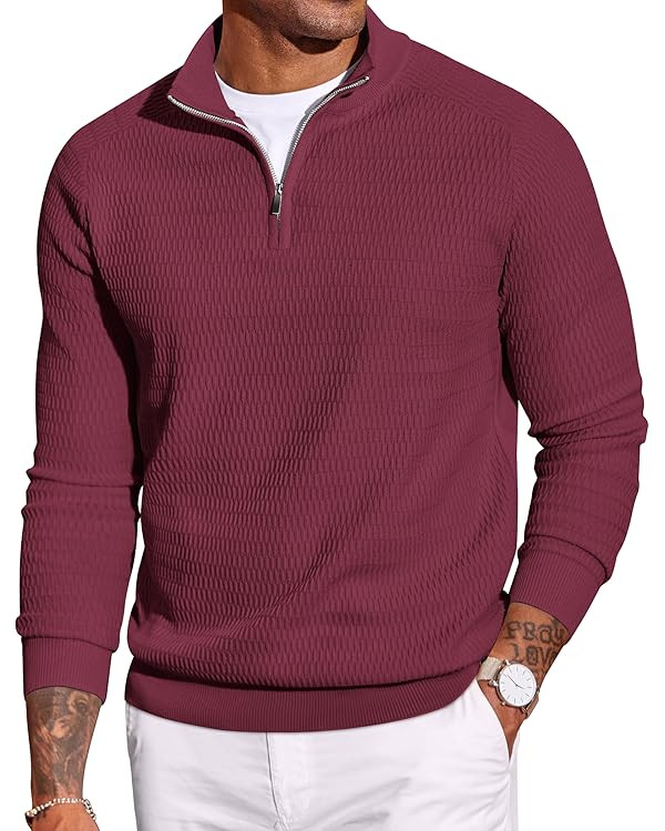 COOFANDY Men's Quarter Zip Sweater Slim Fit Lightweight Mock Neck Pullover Knit Texture Polo Swea... | Amazon (US)