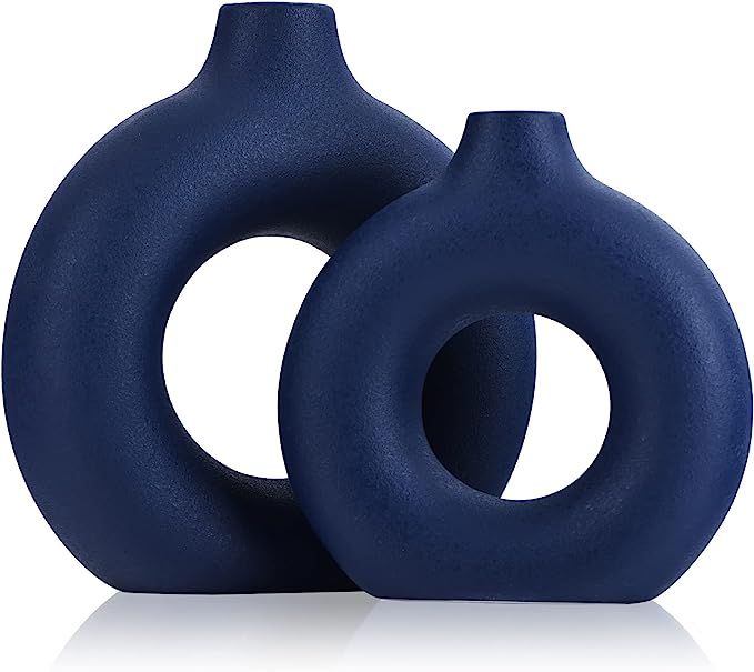 Blue Ceramics Vase for Home Decor -Blue Vase Set of 2 Circular Flowers Vase Modern Navy Blue Deco... | Amazon (US)