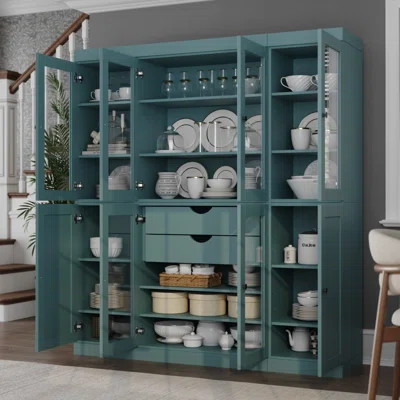 100% Solid Wood Pantry China Cabinet, Clear Glass & Shaker Doors, 2 Drawers, Adjustable Shelves, 65" Wide, 71.5" Tall | Wayfair North America