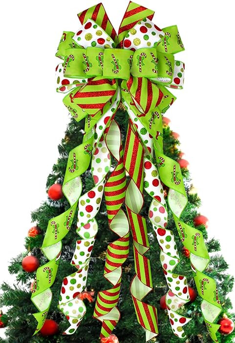 Christmas Tree Topper Bow Wreath, 44 x 13 Inches Large Green Christmas Bow Tree Topper,Glitter Ho... | Amazon (US)