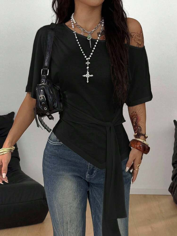 Coolane Women's Solid Color Asymmetric Shoulder Short Sleeve Knotted Waist Casual T-Shirt,Black T... | SHEIN