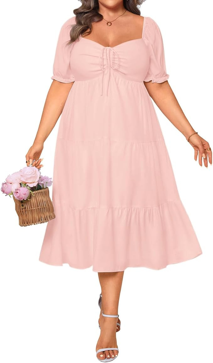 Plus Size Summer Dresses - Sweetheart Neck Drawstring Puff Sleeve Casual Wedding Guest Tiered Ali... | Amazon (US)