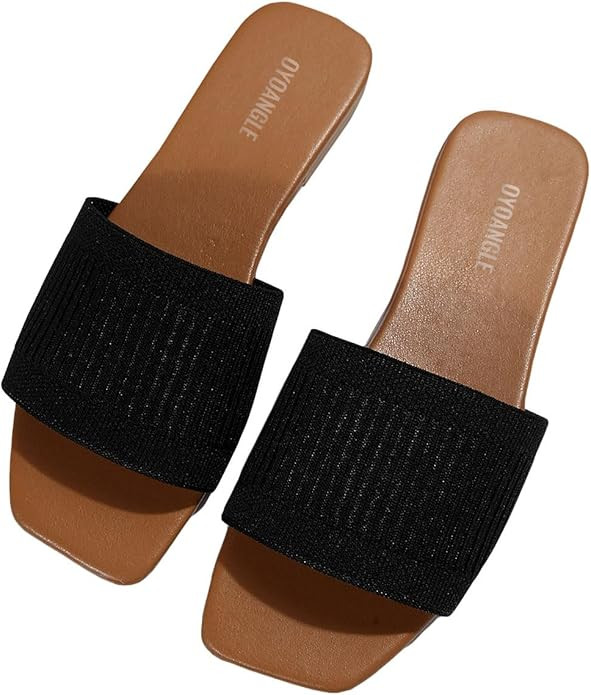 OYOANGLE Women's Single Band Square Open Toe Slide Sandals Summer Slip on Flat Sandals | Amazon (US)