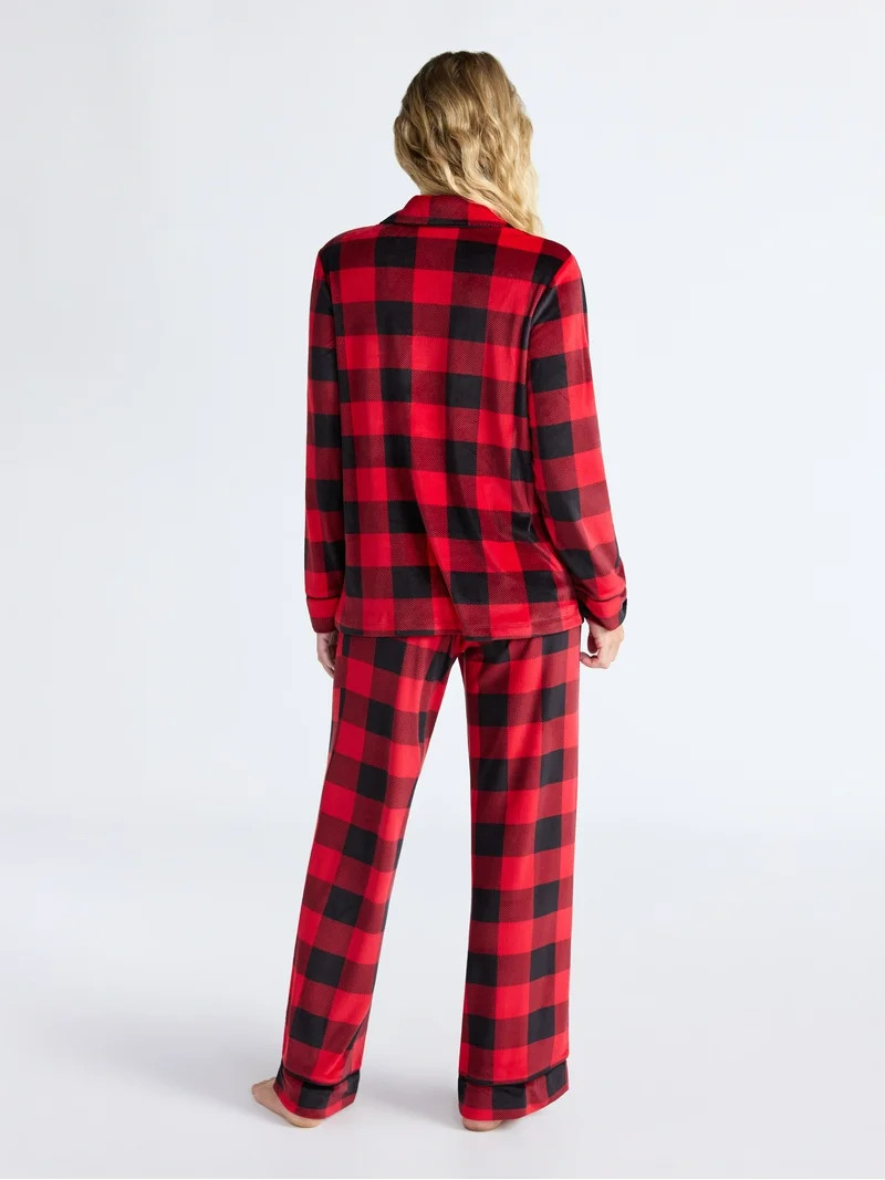 Joyspun Women’s Stretch Velour Notch Collar Long Sleeve Pajama Set, Sizes XS to 4X | Walmart (US)