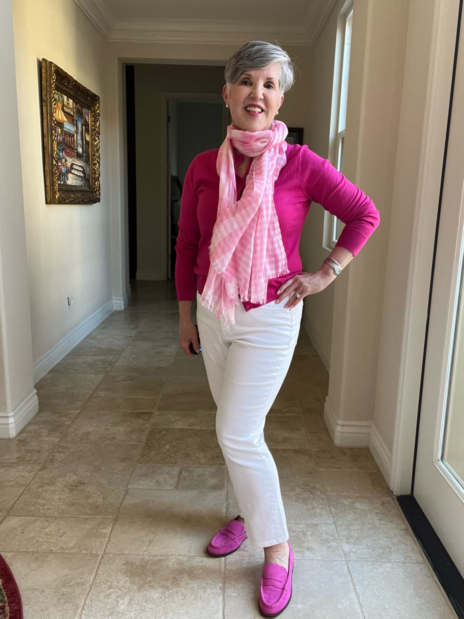 Take a pink cardigan and wear it as a top all buttoned up. Add a pink gingham scarf, white straight jeans and pink suede loafers. Cute casual workwear or casual outfit for going out with friends for lunch. 

#ltkunder50 #ltkover50
#ltkover40
#ltkspringlooks
#ltkspringoutfits
#ltkitbag
#ltkshoecrush #styleagram 
#stylebook
#stylebible
#stylefashion
#outfitshot
#styleaddict
#jcrewfactory 
#talbotsofficial 
#getreadywithme 
#styletips
#grwm
#styleblogger
#springfashion
#springstyles

#LTKshoecrush #LTKSeasonal #LTKsalealert