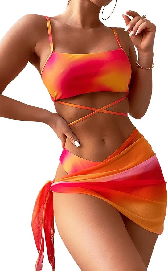 SweatyRocks Women's 3 Piece Gradient Tie Dye Bathing Suit Lace Up High Cut Bikini with Beach Skir... | Amazon (US)
