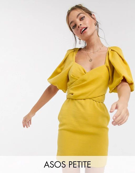ASOS DESIGN Petite wrap front mini dress with puff sleeves in mustard | ASOS | ASOS (Global)