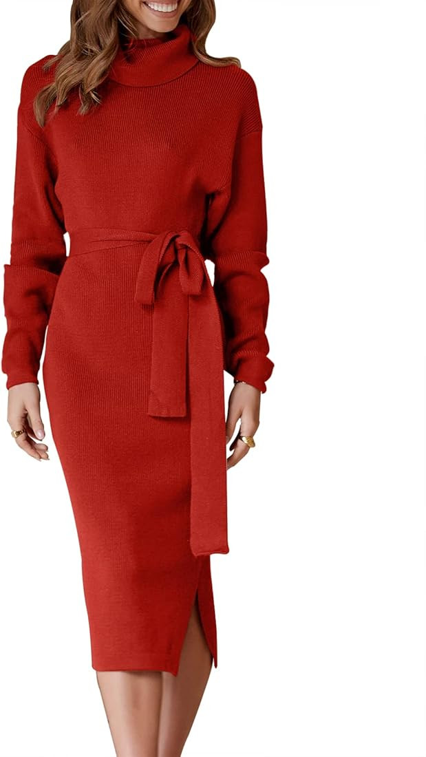 ANRABESS Women's Turtleneck Long Batwing Sleeve Chunky Knit Slit Slim Bodycon Tie Waist Pullover ... | Amazon (US)