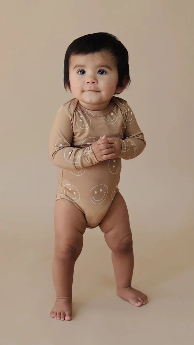 Just Smile Tan | Bamboo Long Sleeve Snapsuit | Forever French