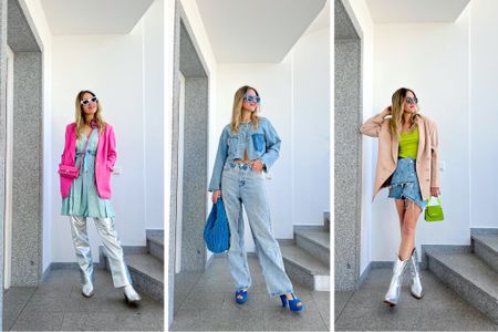 Denim Looks. Fashion and Style Blog Girl from Heartfelt Hunt. Girl with blonde hair wearing versatile denim look with oversized blazers, wide leg jeans, silver metallic pants, statement bags and silver cowboy boots. #denimstyle #denimlooks #widelegjeans #silverpants #silverboots #cowboyboots #denimtrend #oversizedblazer #colorfuloutfit #colorfulstyle #colorfulfashion #colorfullooks #fashionfun #cutespringoutfit #springfashion2023 #springlookbook #fitcheck #dailylooks #dailylookbook #contentcreator #microinfluencer #discoverunder20k