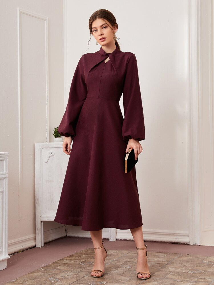 SHEIN Twist Neck Lantern Sleeve Flare Dress | SHEIN