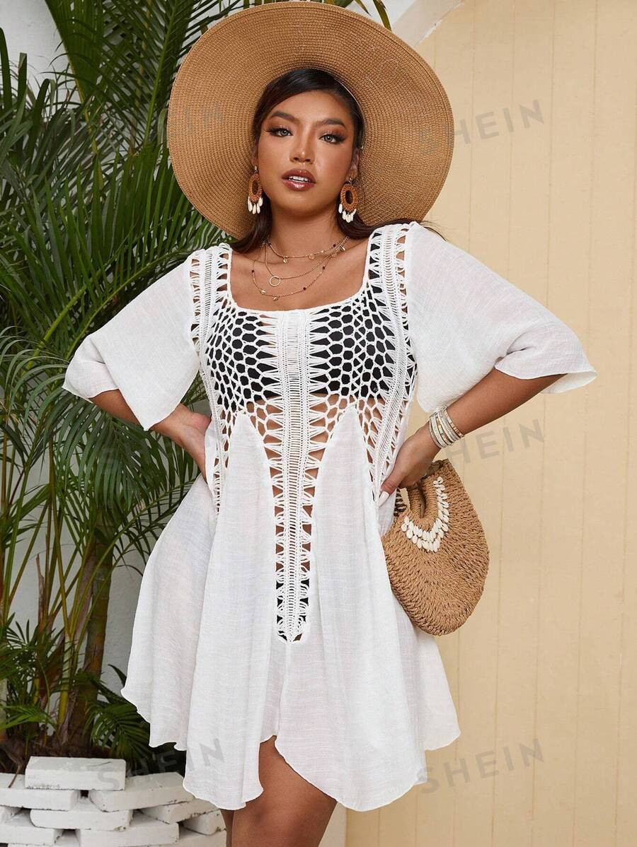 SHEIN Swim Curve Plus Size Women's Solid Color Hollow Out Cover-Up Dress For Summer | SHEIN