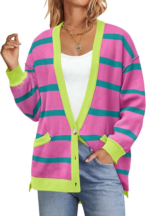 ANRABESS Womens Checkered Striped Cardigan Sweater Long Sleeve Color Block Jacket Oversized Open ... | Amazon (US)