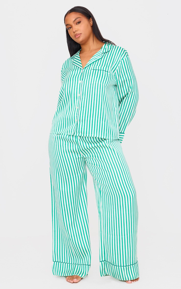 Green Candy Stripe Satin Long Pj Set | PrettyLittleThing US