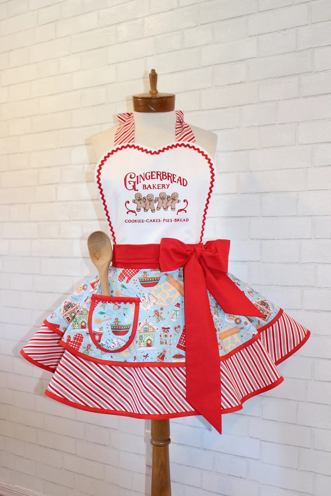 Gingerbread Bakery Woman's Retro Apron Featuring Custom Embroidered Sweetheart Bib, Petite to Plu... | Etsy (US)