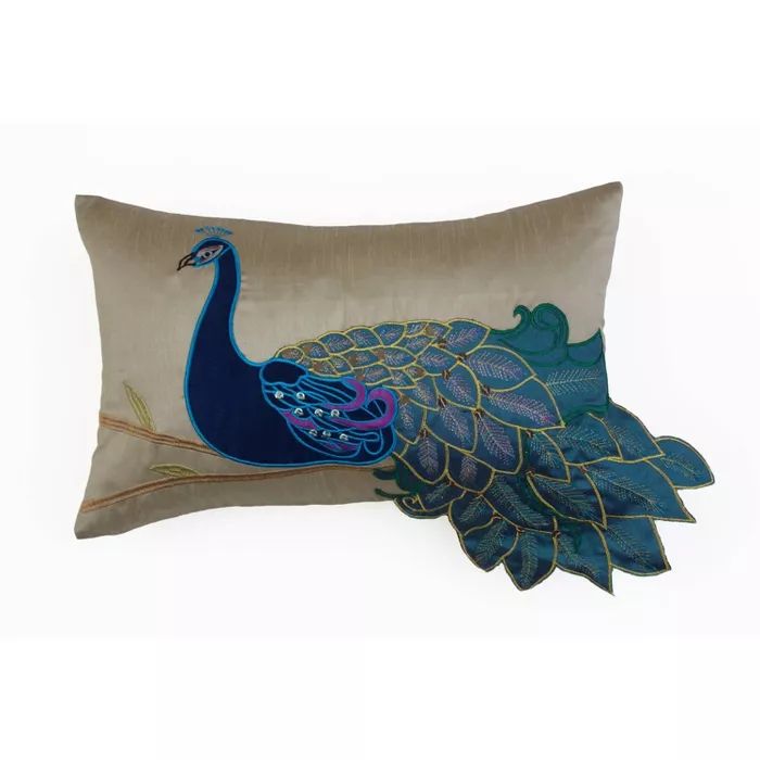 12"x20" Peacock Embroidered Faux Silk Pillow Natural/Blue/Green - Décor Therapy | Target