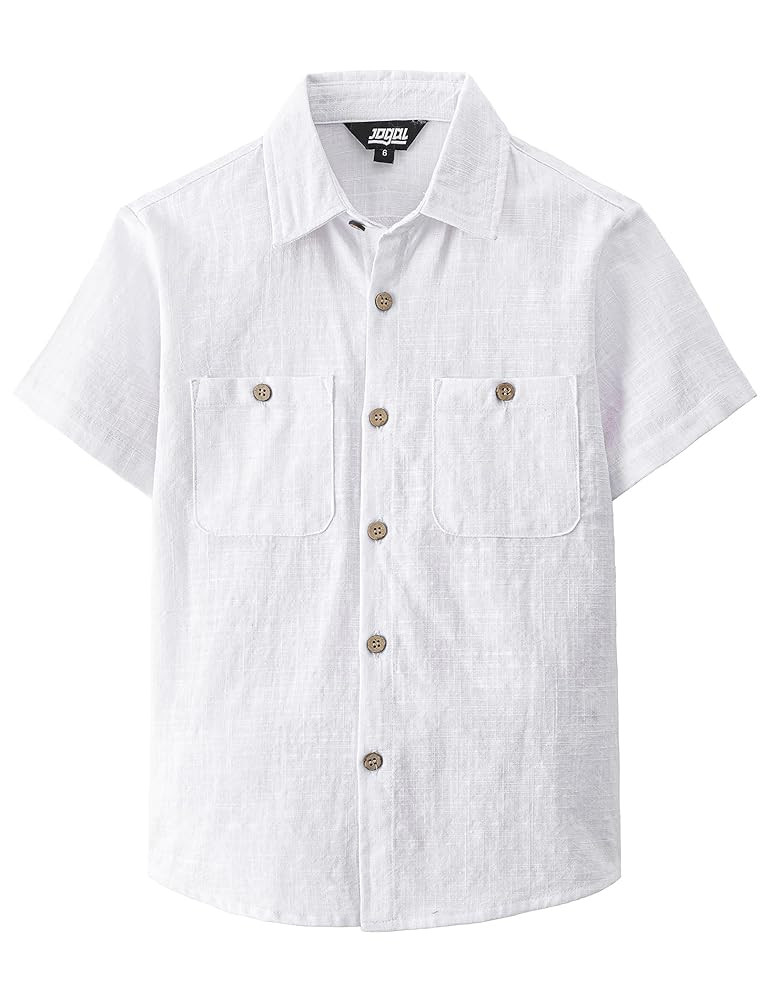 JOGAL Boys Chambray Shirts Short Sleeve Button Down Casual Cotton Woven Shirt with Two Pockets fo... | Amazon (US)