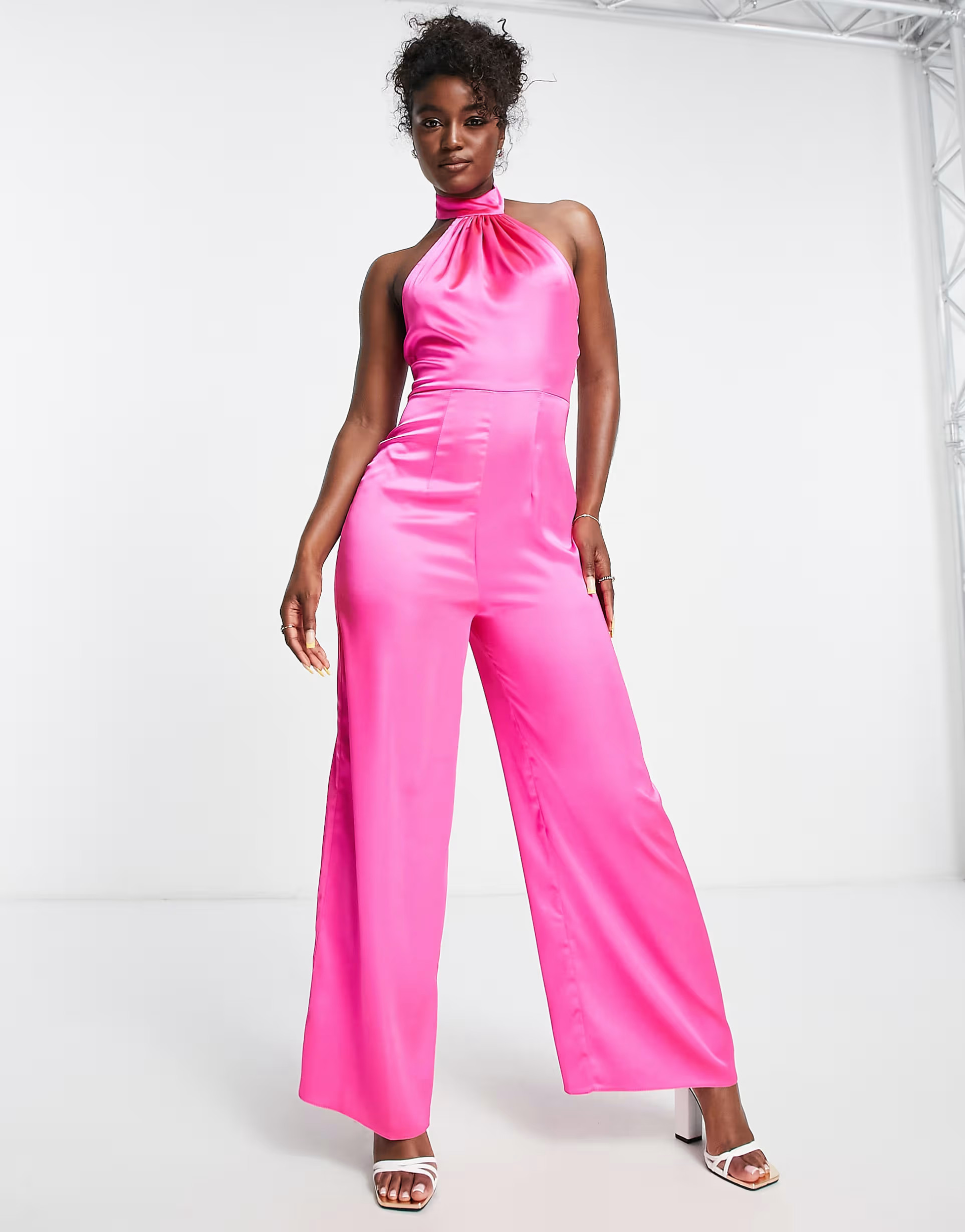 Miss Selfridge satin halter wide leg jumpsuit in hot pink | ASOS (Global)