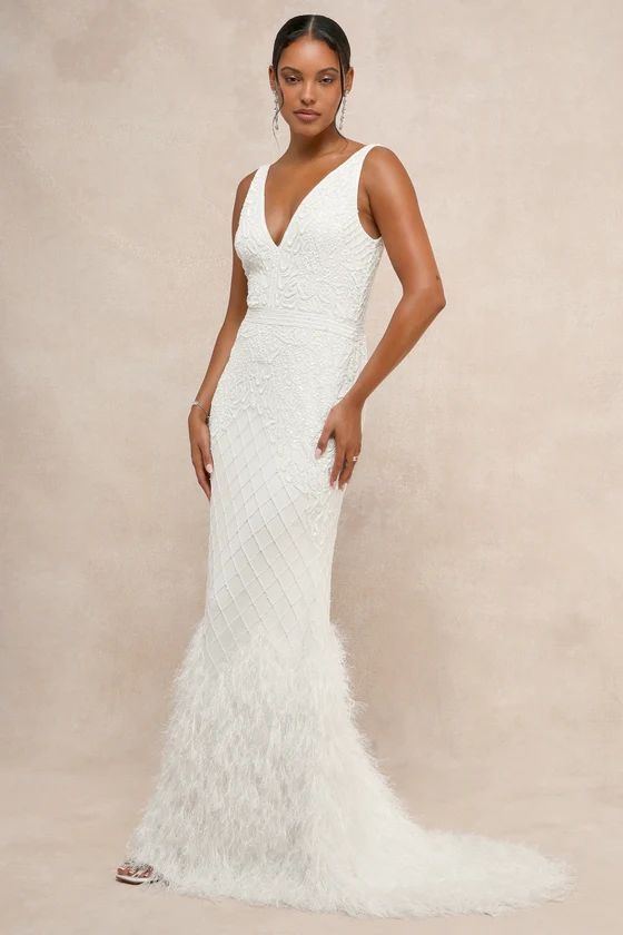 Glamorous Vow White Beaded Feather Lurex Mermaid Maxi Dress | Lulus
