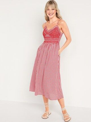 Fit &#x26; Flare Gingham Embroidered Smocked Midi Cami Dress for Women | Old Navy (US)