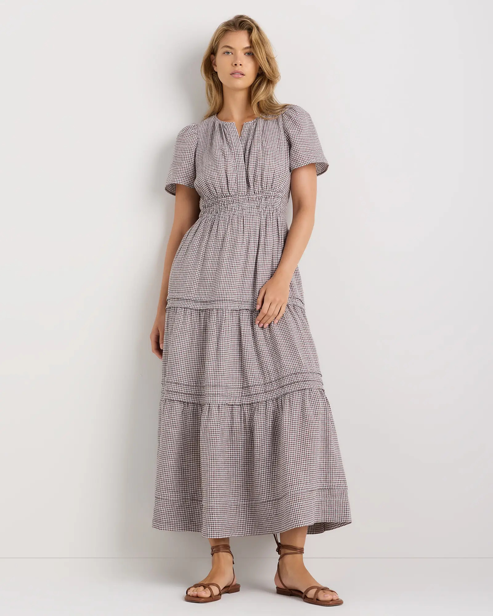 100% European Linen Tiered Maxi Dress in Taupe Brown Gingham | Quince