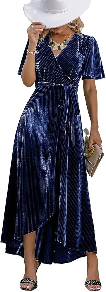 BerryGo Women's Velvet V Neck Wrap Semi Formal Dress Cocktail Party Maxi Dress for Wedding Guest | Amazon (US)