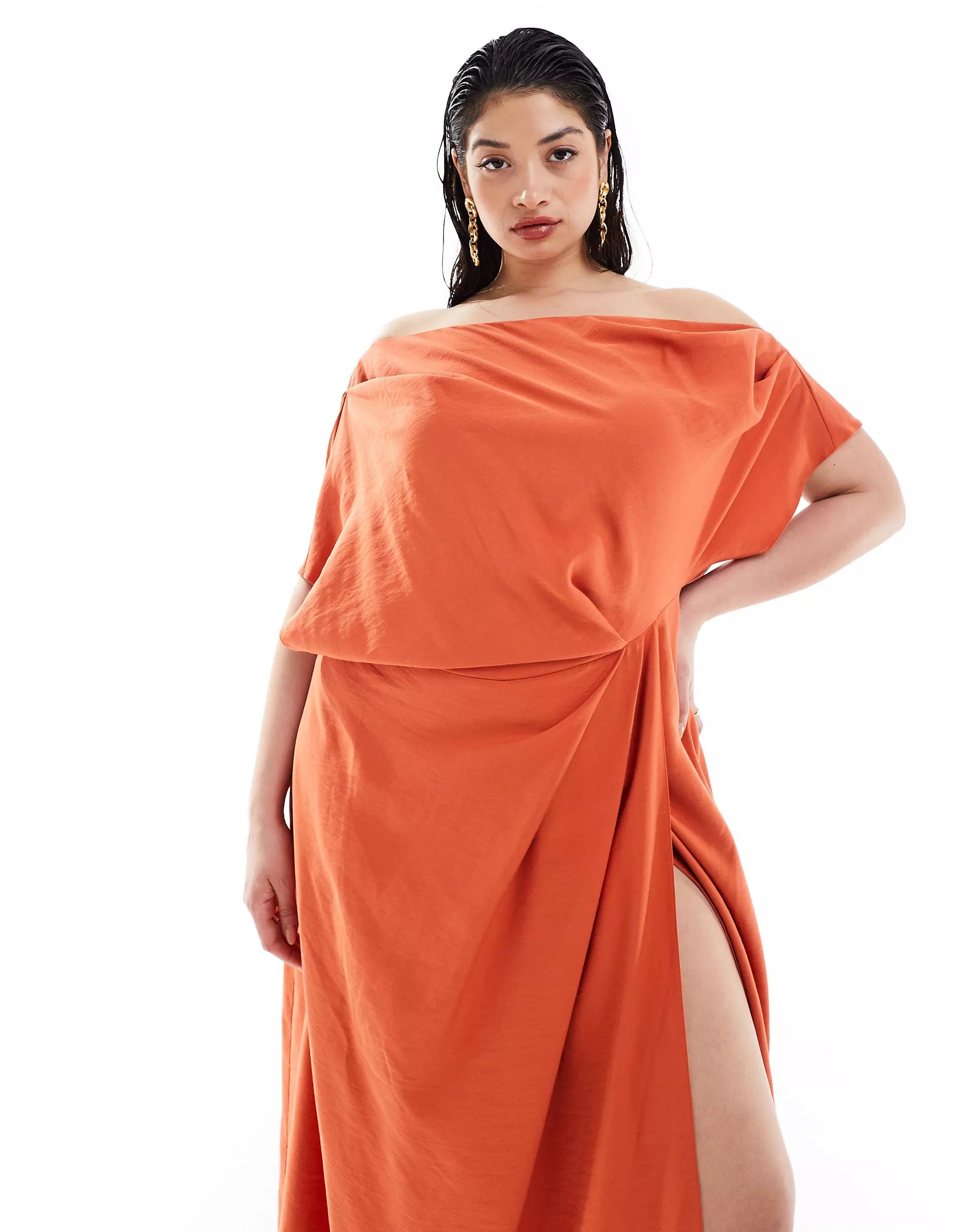 ASOS DESIGN Curve exclusive textured off shoulder high split maxi dress in rust | ASOS (Global)