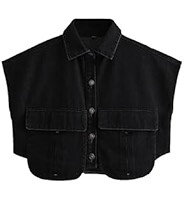 Perbai Womens Cropped Button Down Shirt Summer Collared Sleeveless Loose Denim Top with Pockets | Amazon (US)