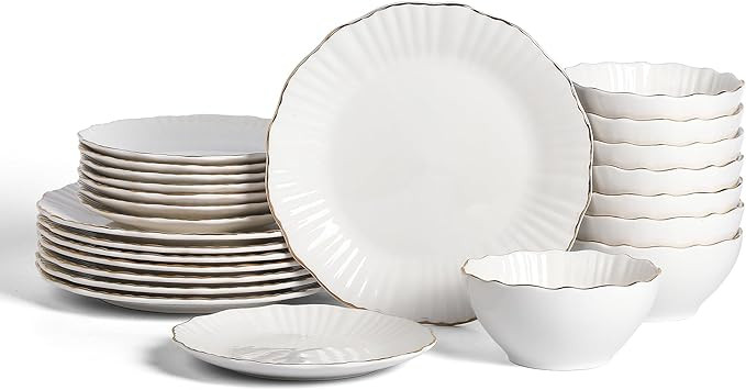 Christian Siriano Zinnia Porcelain Dinnerware Set, 24-Piece Plates and Bowls Set, White and Gold ... | Amazon (US)