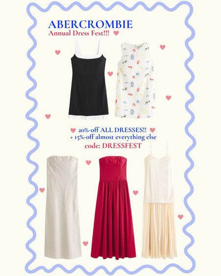 Abercrombie & Fitch Annual Dress Fest‼️ 
Unlock 20% off ALL DRESSES (including YPB dresses) + 15% off almost everything else with the stackable code: DRESSFEST ♥️🎉 
Promo dates: Friday June 7th - Monday June 10th

I took a petite small in the red style and XS in the rest 🫶🏼

#LTKTravel #LTKSaleAlert #LTKFindsUnder100