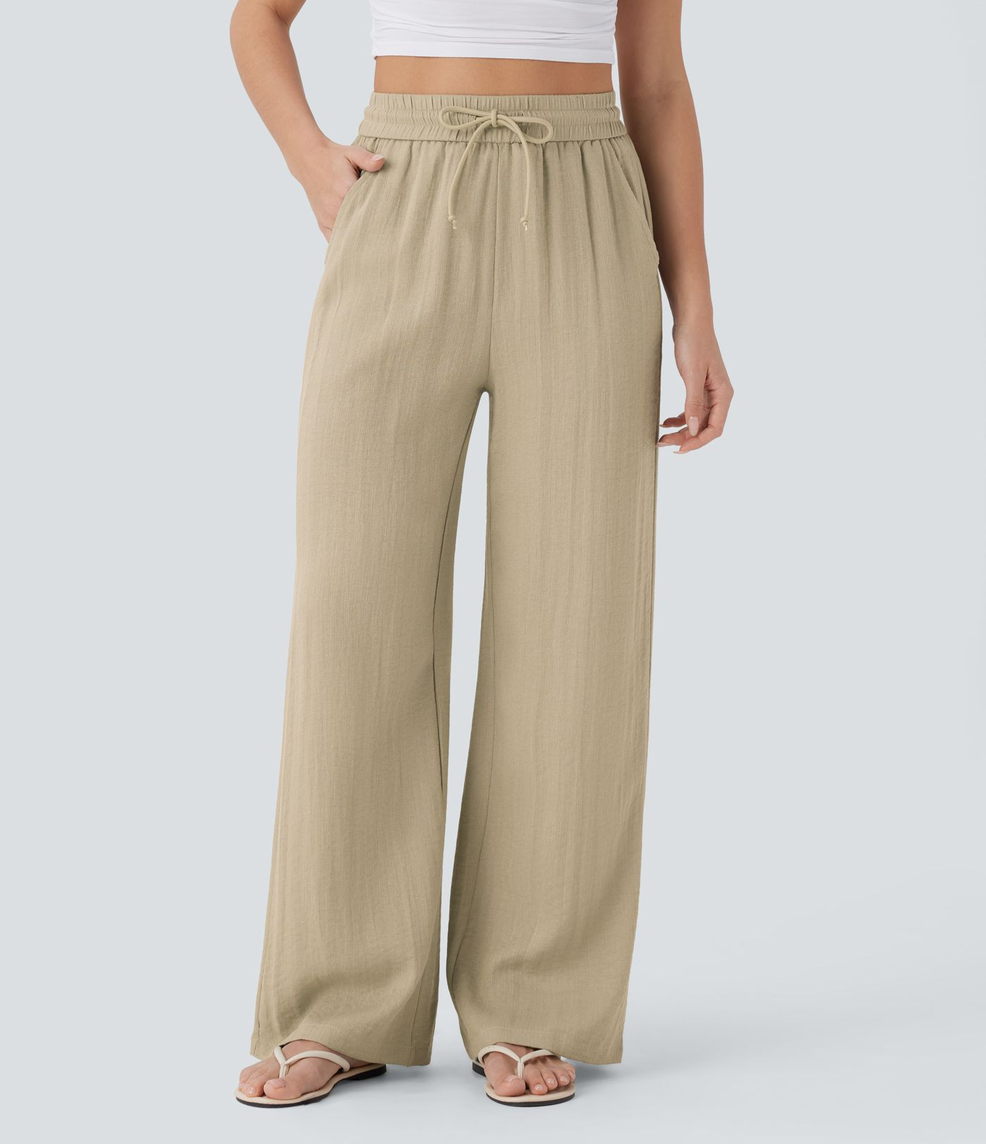 Women’s High Waisted Drawstring Pocket Wide Leg Casual Linen-Feel Pants - Halara | HALARA