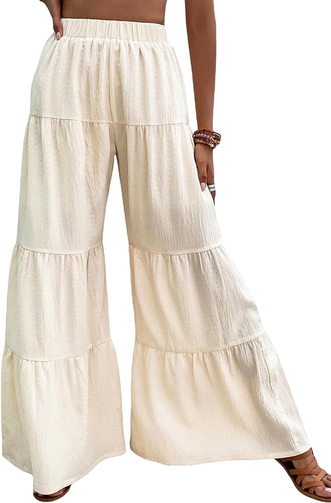 WDIRARA Women's Flowy Boho Elastic High Waist Ruffle Hem Wide Leg Beach Loose Palazzo Pants | Amazon (US)