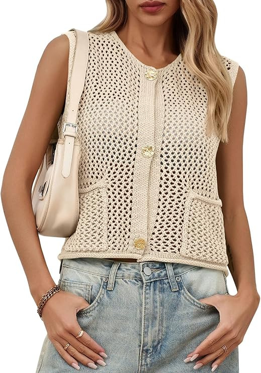 Saodimallsu Womens Crochet Sweater Vest Button Down Sleeveless Crew Neck Boho Knit Crop Tank Tops... | Amazon (US)