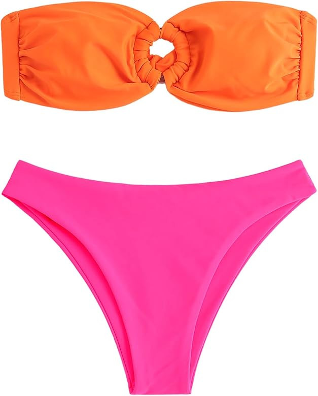 ZAFUL Women's Tie Dye Ribbed O Ring Lace Up Tie Side Bandeau Bikini Set Two Piece Swimsuit Sexy S... | Amazon (US)