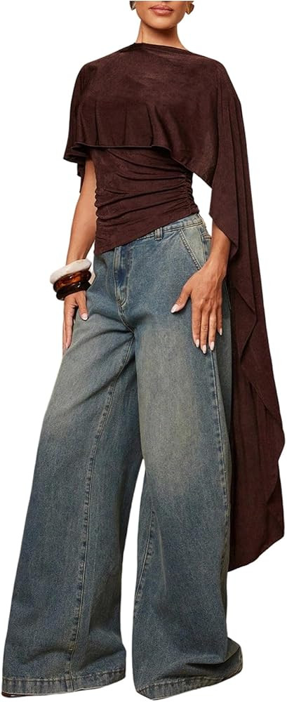 MakeMeChic Women's Poncho Tops Cape Shirts Asymmetrical Ruched Business Casual Outfits | Amazon (US)