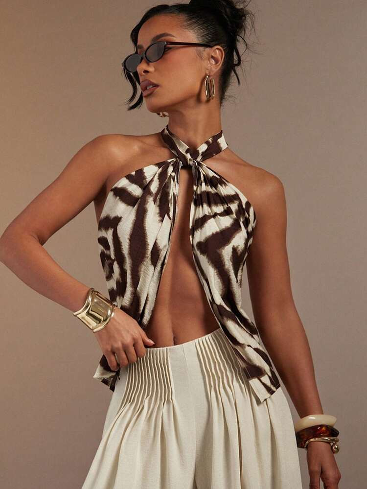 Hauture Women's Sexy Abstract Print Halter Neck Backless Linen Top | SHEIN