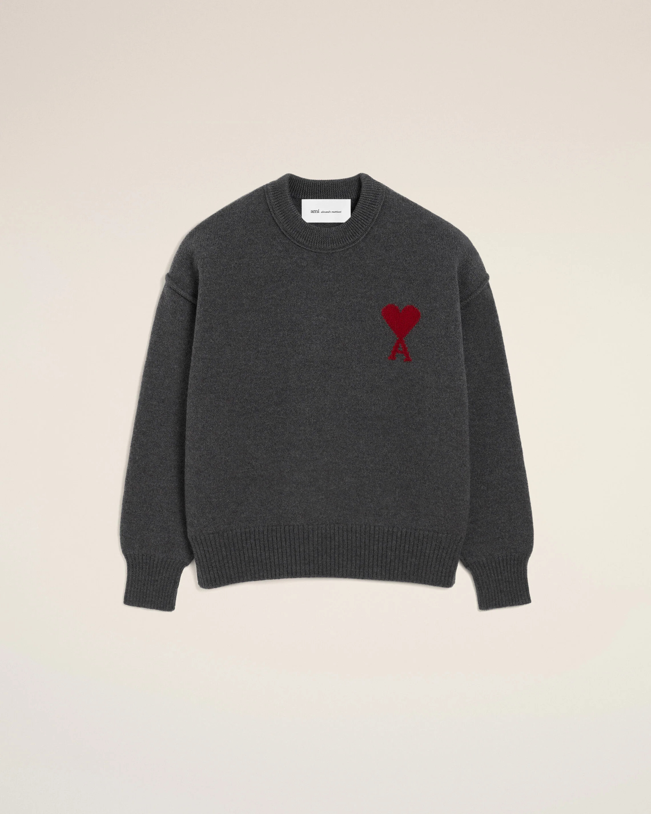HEATHER GREY/RED Grey Wool Ami De Coeur Crewneck Sweater | AMI PARIS | AMI Paris FR