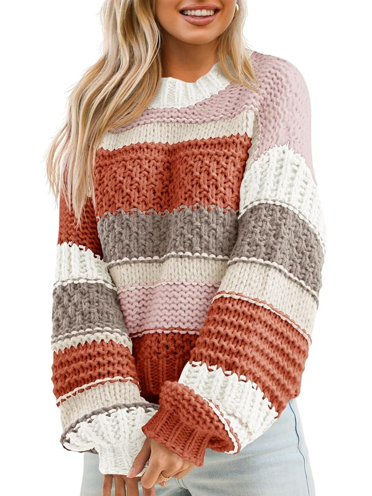 Saodimallsu Womens Color Block Sweater Striped Chunky Knit Cropped Sweaters Crewneck Fall Long Sl... | Amazon (US)