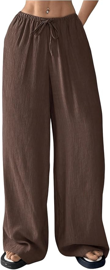 Women's Elastic Drawstring Waist Wide Leg Pants Loose Fit Sheer Cover Up Beach Pants Lounge with ... | Amazon (US)