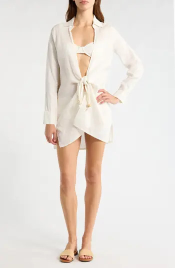 Tie Front Long Sleeve Linen Cover-Up | Nordstrom