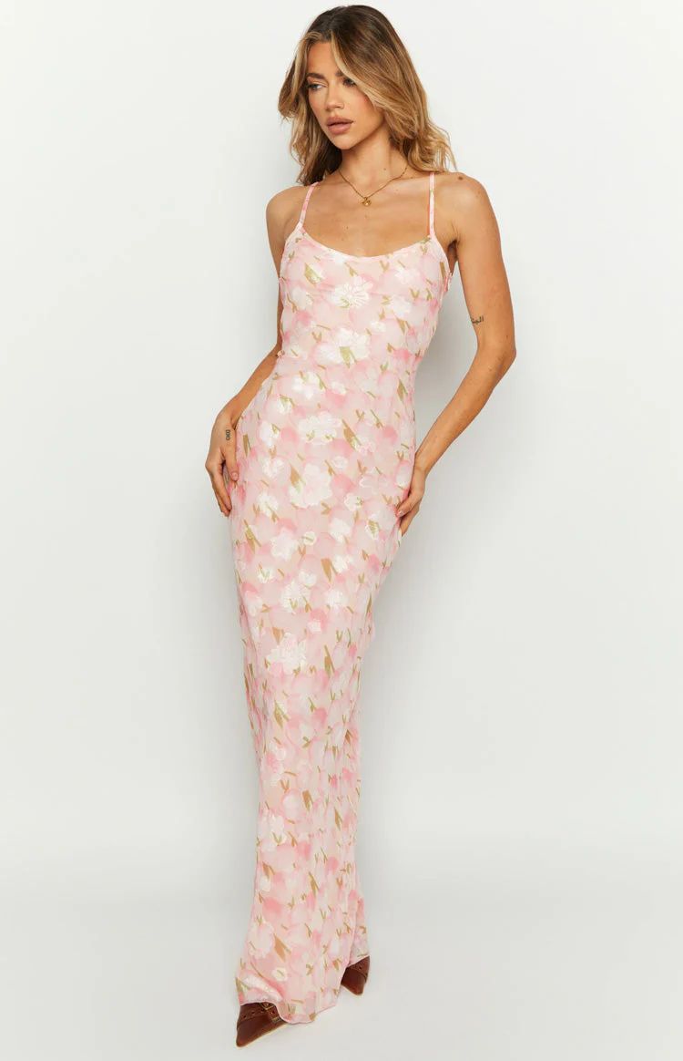 Renesmee Pink Floral Chiffon Maxi Dress | Beginning Boutique (US)