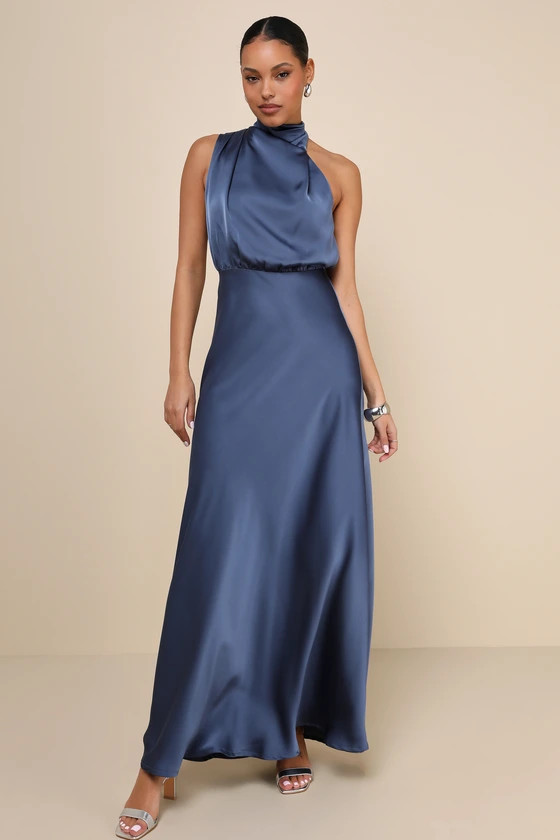 Distinctive Charm Slate Blue Satin Asymmetrical Maxi Dress | Lulus
