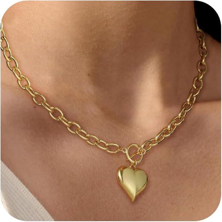 18K Gold Plated Necklace for Women, Heart Pendant Necklace Chunky Paperclip Choker Necklace for G... | Amazon (US)