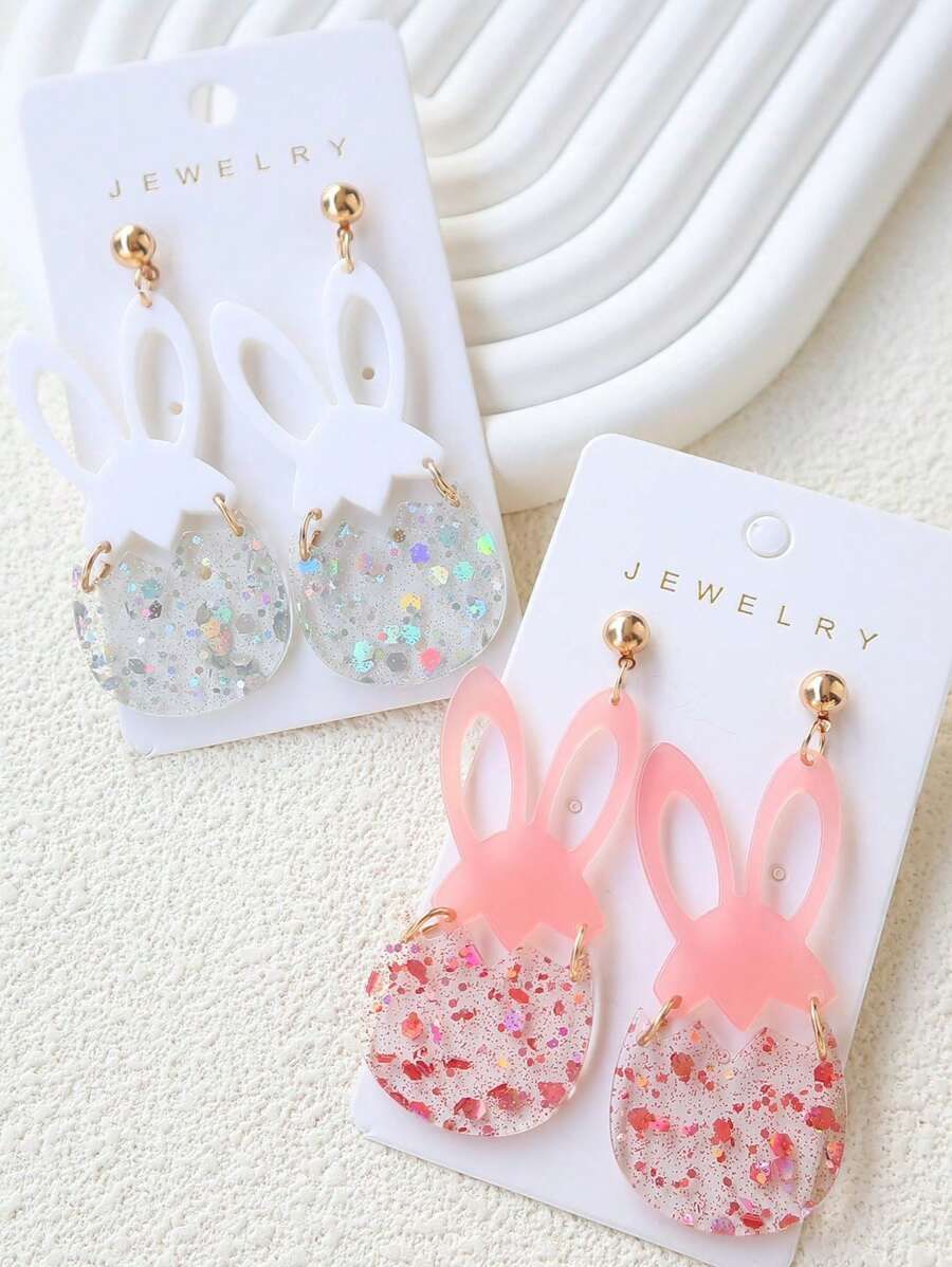 1pair Easter Acrylic Bunny & Egg Shaped Earrings, Transparent Glitter & Cute Rabbit Ear Design, F... | SHEIN