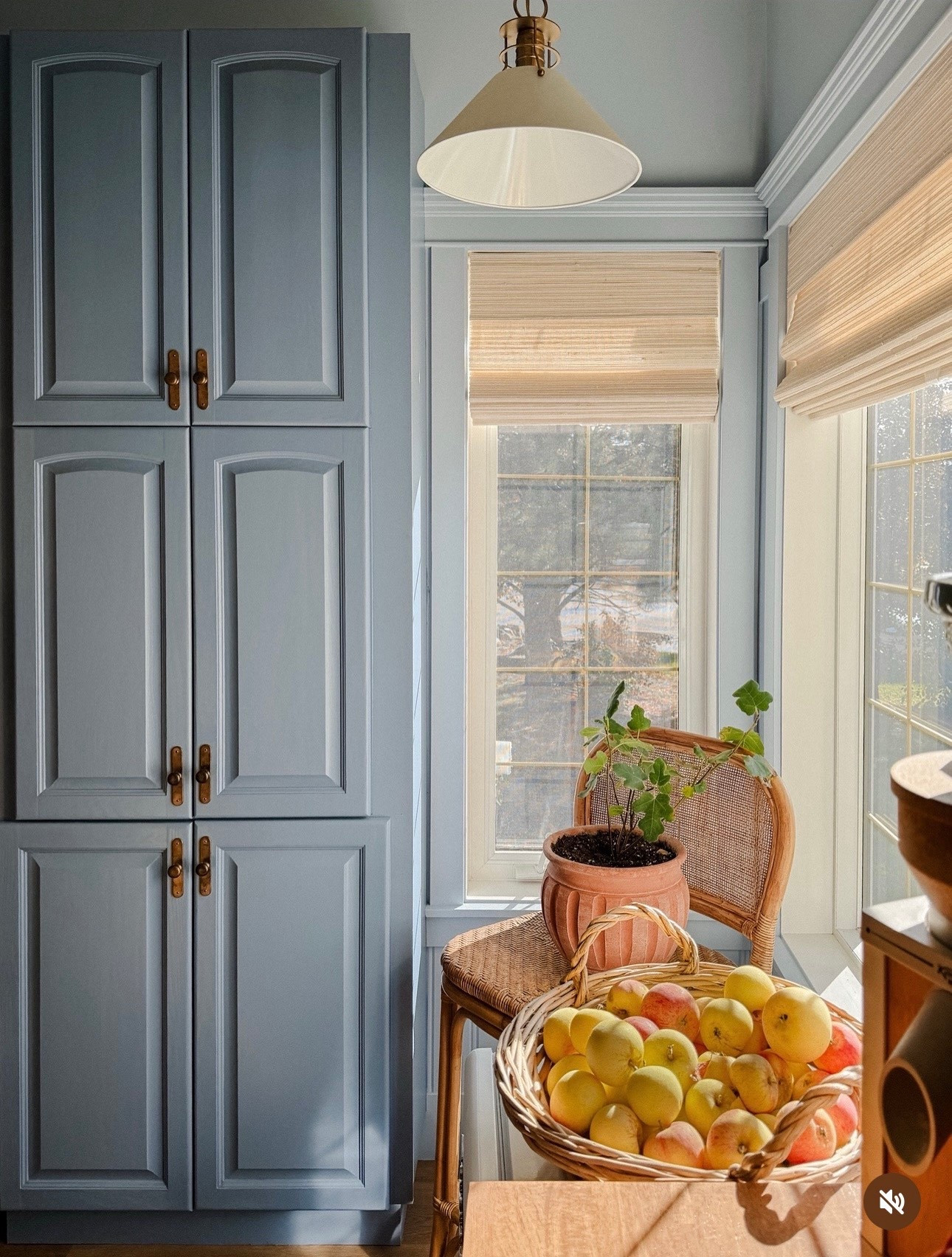 Blue butlers pantry. White and brass pendant lighting, twopages blinds, rattan barstool 

#LTKHome