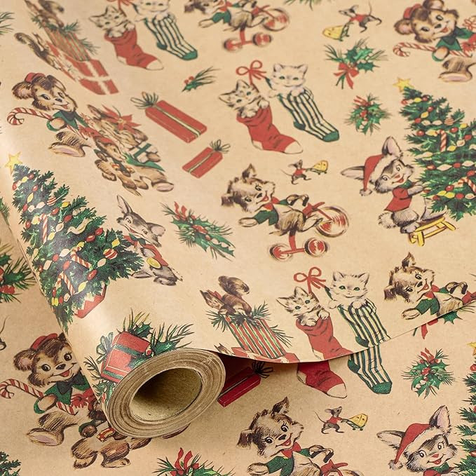 RUSPEPA Kraft Christmas Wrapping Paper Roll, Mini Roll, Vintage Animals Like Cat and Squirrel wit... | Amazon (US)