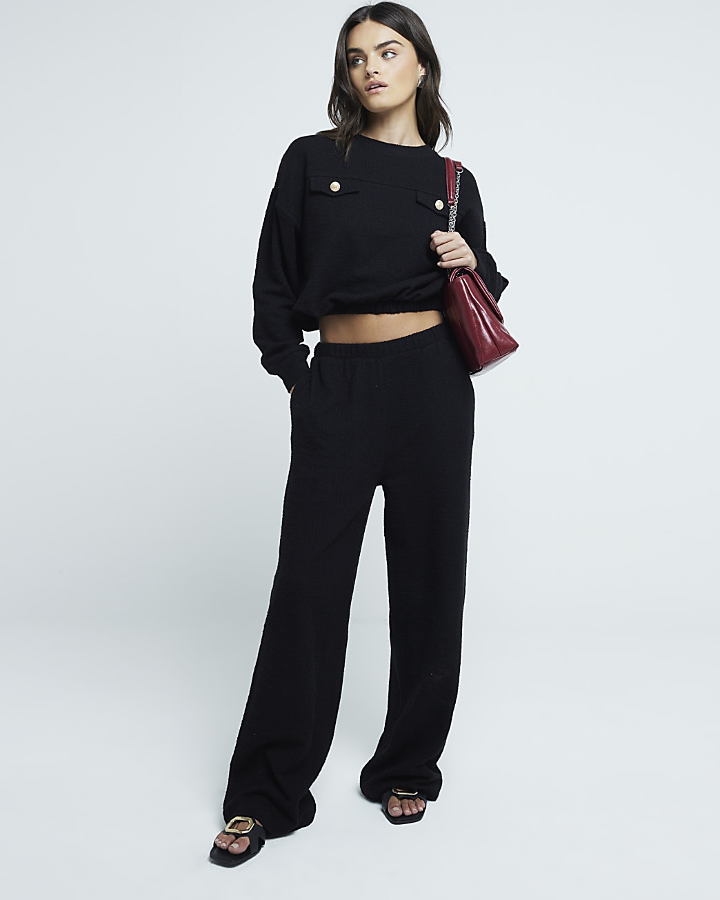 Black boucle wide leg trousers | River Island (UK & IE)