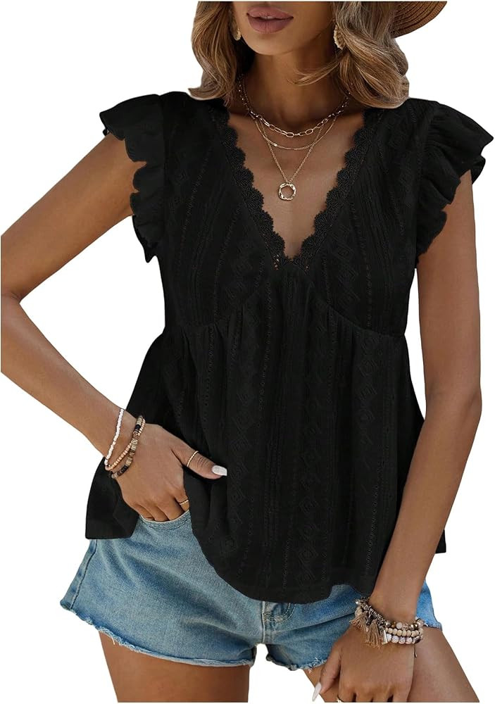 SweatyRocks Women's Lace Trimmed V Neck Ruffled Sleeve Flared Eyelet Tank Blouse Top | Amazon (US)